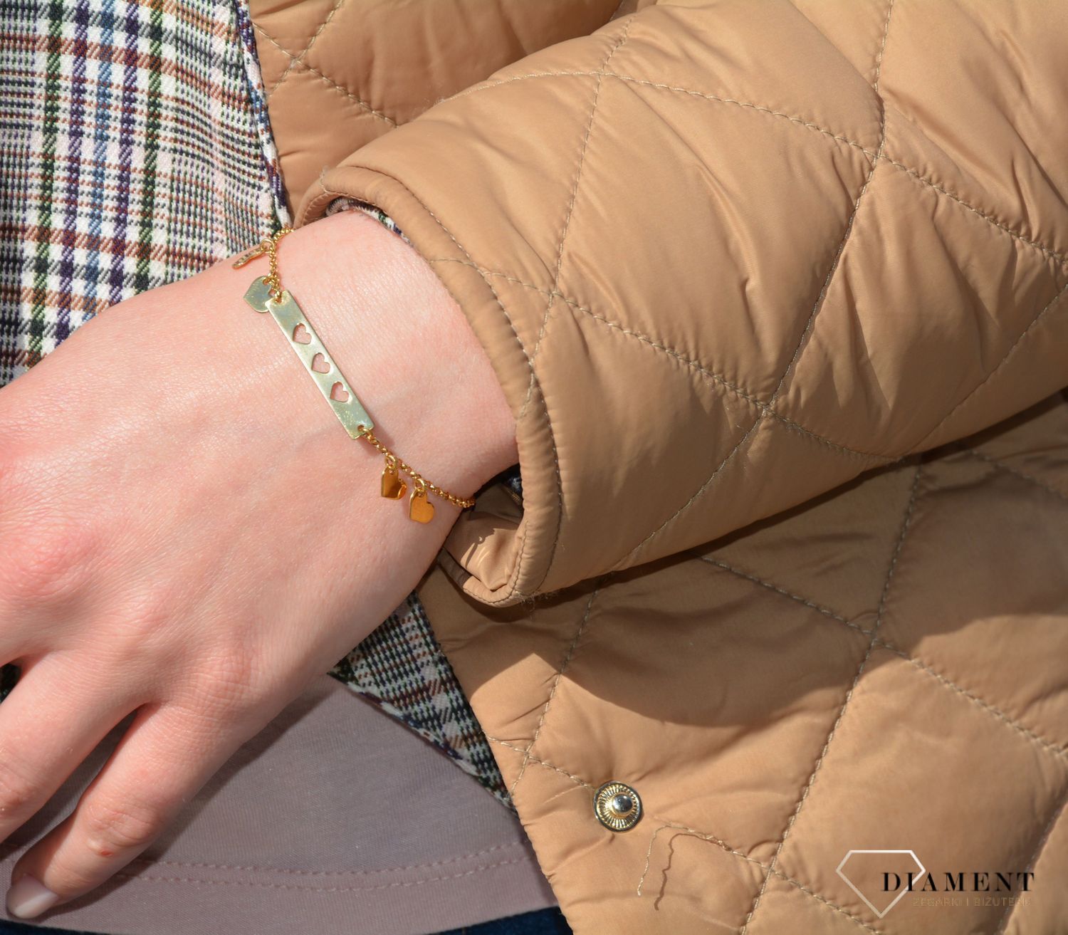 Bransoletka damska srebrna pozłacana serduszka i blaszka B RM 21447 049ds.jpg